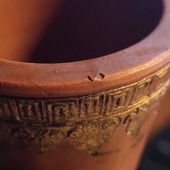 Vintage Tokoname Japanese Redware Vase With Dragon In Clouds Design Gold Accents - Picture 9 of 11